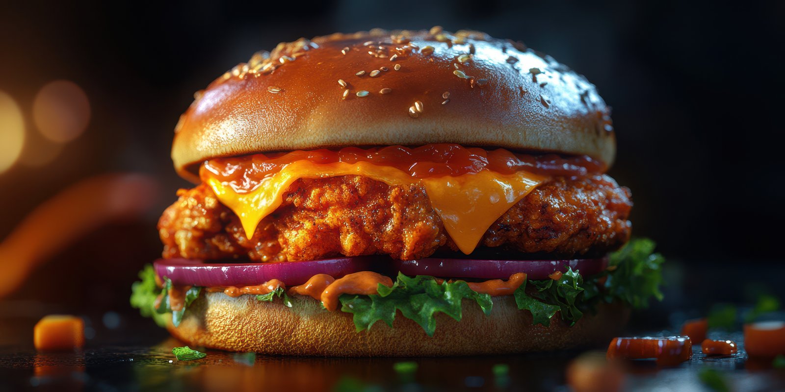 Juicy fried chicken sandwich with melted cheese and fresh toppings on a sesame seed bun